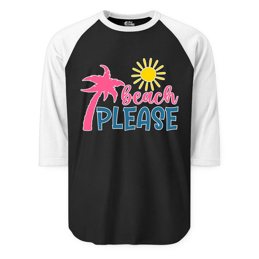 Beach Please Shirt - Funny Tropical Summer Tee with Palm Tree Sun (Raglan) in BlackWhite - Beach Please Shirt - Tropical Palm Tree and Sun Funny Summer Tee