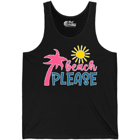 Beach Please Shirt - Funny Tropical Summer Tee with Palm Tree Sun (Tank Top) in Black - Beach Please Shirt - Tropical Palm Tree and Sun Funny Summer Tee