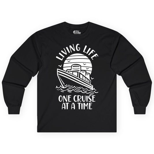 Living Life One Cruise at a Time Shirt - Cruise Life Vacation Apparel (Long Sleeve) in Black - Living Life One Cruise at a Time Ocean Sunset Waves Graphic Shirt