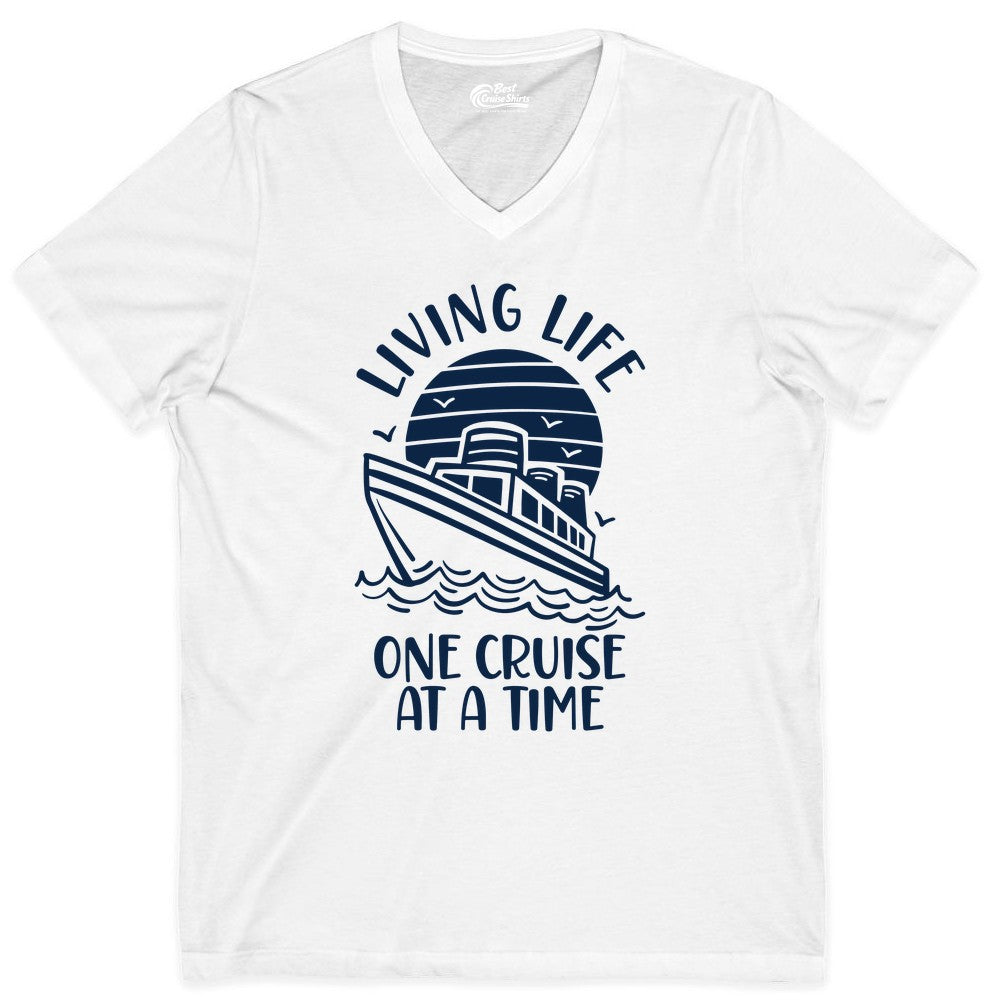 Living Life One Cruise at a Time Shirt - Cruise Life Vacation Apparel (V-Neck) in White - Living Life One Cruise at a Time Ocean Sunset Waves Graphic Shirt
