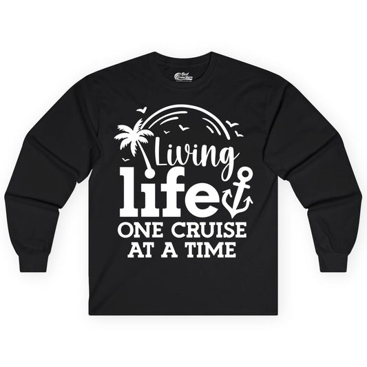 Living Life One Cruise at a Time Shirt - Cruise Lover Gift Apparel (Long Sleeve) in Black - Living Life One Cruise at a Time Palm Tree Anchor Cruise Shirt