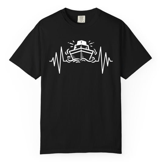 Cruise Heartbeat Shirt - Minimalist Ship Line Art Nautical Gift (Comfort Color) in Black - Cruise Ship Heartbeat Line Minimalist Nautical Shirt for Enthusiasts