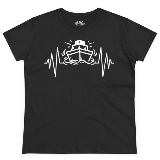 Cruise Heartbeat Shirt - Minimalist Ship Line Art Nautical Gift (Ladies Tee) in Black - Cruise Ship Heartbeat Line Minimalist Nautical Shirt for Enthusiasts
