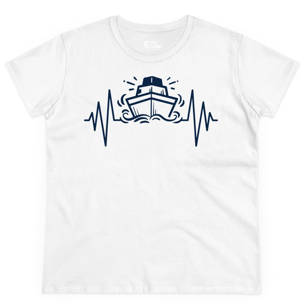 Cruise Heartbeat Shirt - Minimalist Ship Line Art Nautical Gift (Ladies Tee) in White - Cruise Ship Heartbeat Line Minimalist Nautical Shirt for Enthusiasts