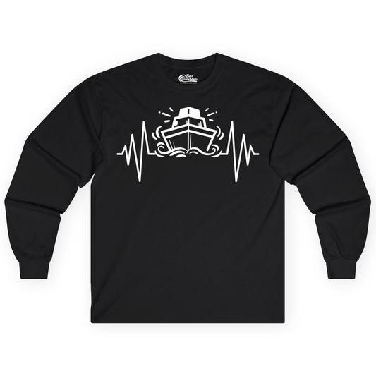 Cruise Heartbeat Shirt - Minimalist Ship Line Art Nautical Gift (Long Sleeve) in Black - Cruise Ship Heartbeat Line Minimalist Nautical Shirt for Enthusiasts