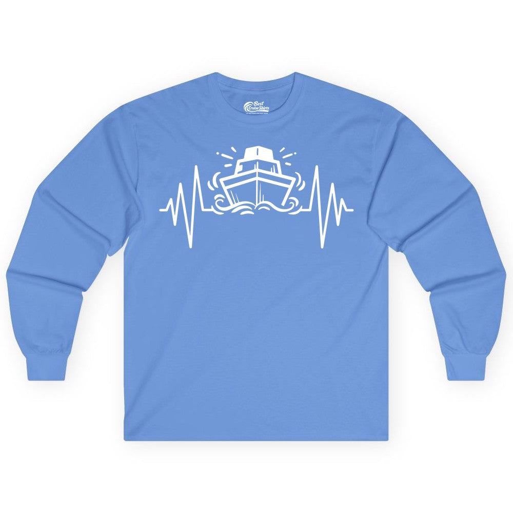 Cruise Heartbeat Shirt - Minimalist Ship Line Art Nautical Gift (Long Sleeve) in Carolina Blue - Cruise Ship Heartbeat Line Minimalist Nautical Shirt for Enthusiasts