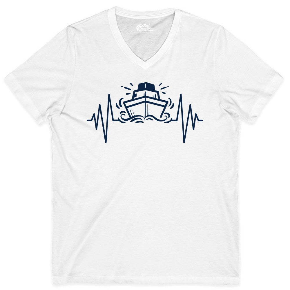 Cruise Heartbeat Shirt - Minimalist Ship Line Art Nautical Gift (V-Neck) in White - Cruise Ship Heartbeat Line Minimalist Nautical Shirt for Enthusiasts