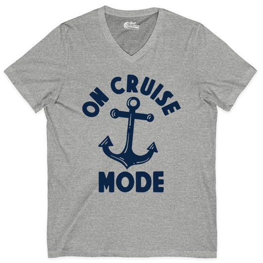 On Cruise Mode Shirt - Nautical Vacation Tee with Anchor Graphic (V-Neck) in Athletic Heather - On Cruise Mode Nautical Anchor Shirt - Bold Funny Cruise Apparel