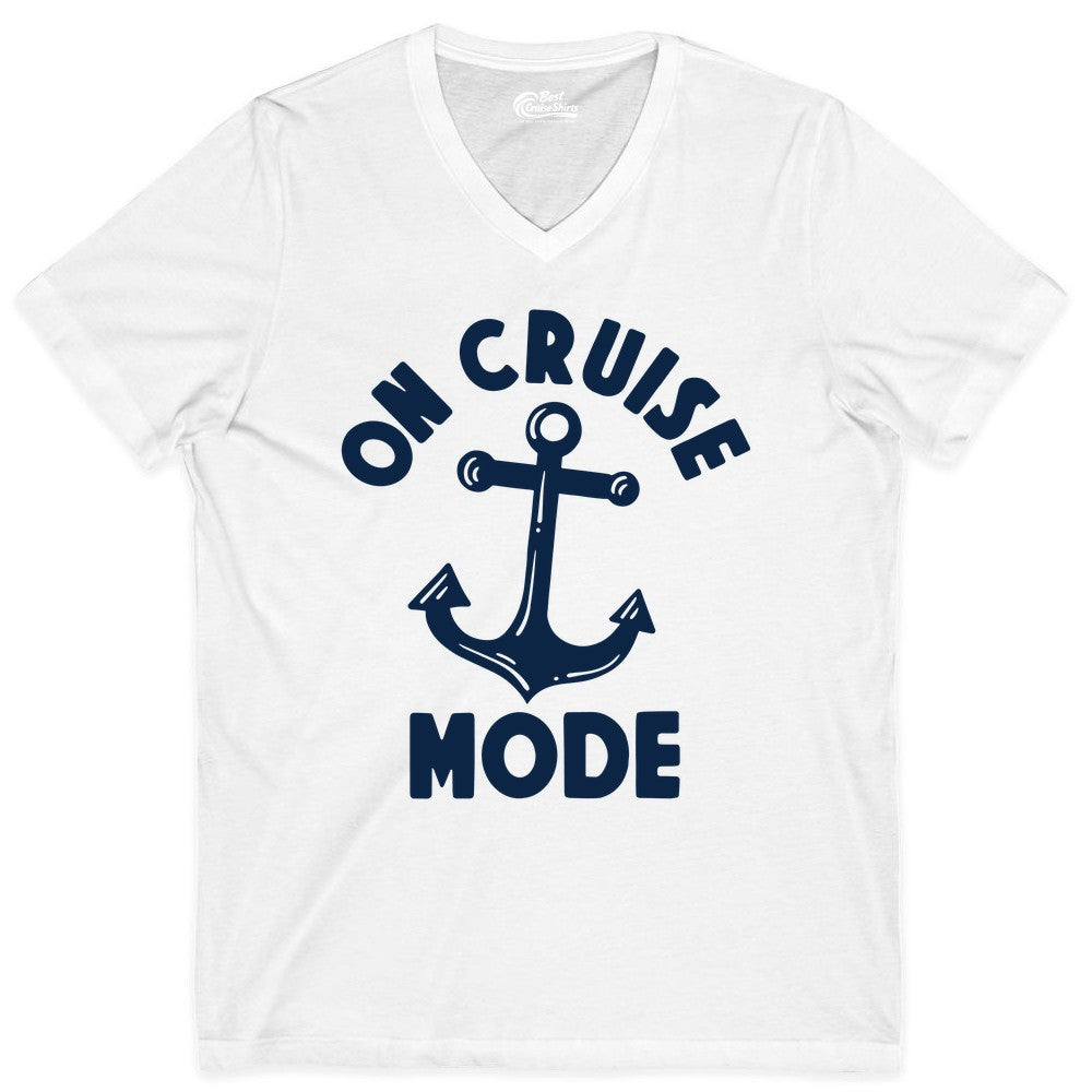 On Cruise Mode Shirt - Nautical Vacation Tee with Anchor Graphic (V-Neck) in White - On Cruise Mode Nautical Anchor Shirt - Bold Funny Cruise Apparel