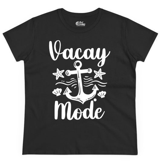 Vacay Mode Shirt - Nautical Vacation Shirt for Beach & Cruise Trips (Ladies Tee) in Black - Vacay Mode Nautical Anchor Beach Shirt - Cruise Vacation Tee