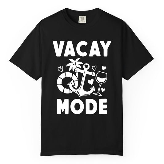 Vacay Mode Shirt - Cruise Vacation Top for Summer Getaways (Comfort Color) in Black - Vacay Mode Cruise Shirt - Anchor Palm Wine Lifebuoy Tropical Art Tee