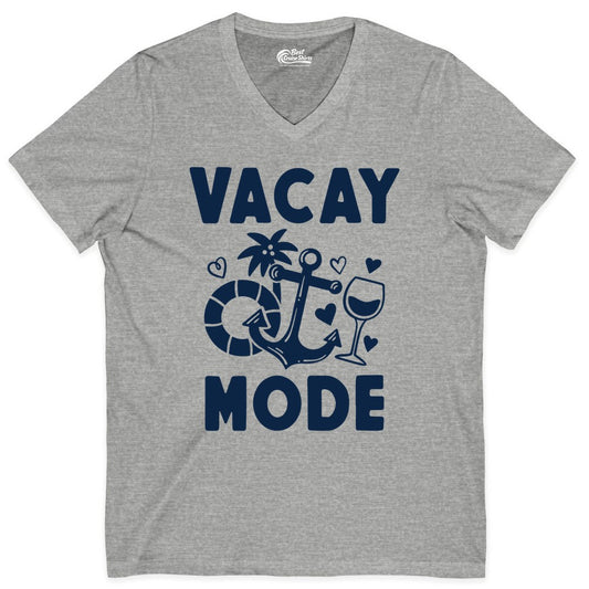 Vacay Mode Shirt - Cruise Vacation Top for Summer Getaways (V-Neck) in Athletic Heather - Vacay Mode Cruise Shirt - Anchor Palm Wine Lifebuoy Tropical Art Tee