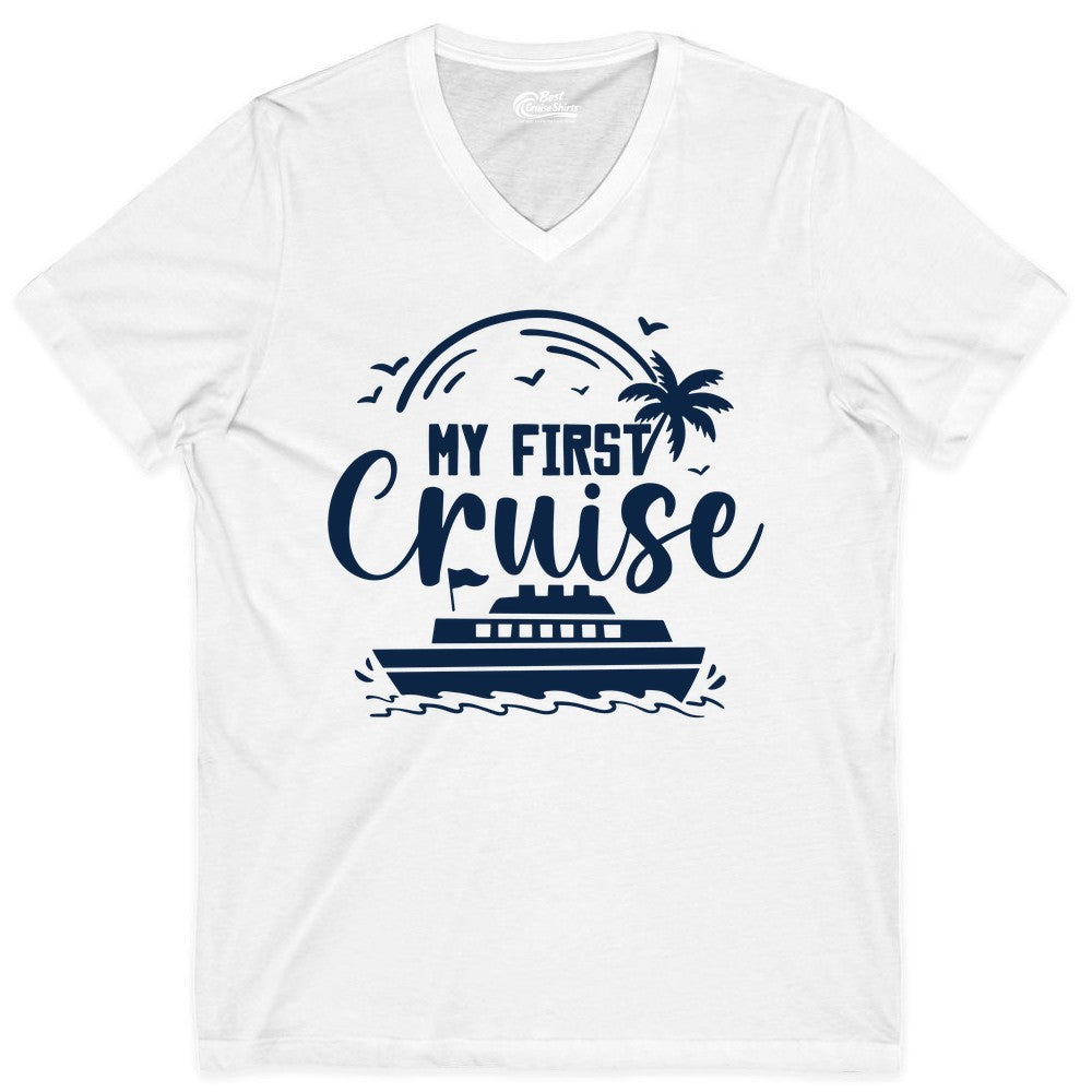 My First Cruise Shirt - Tropical Family Cruise Vacation Apparel (V-Neck) in White - My First Cruise Shirt - Tropical Nautical Family Voyage Celebration