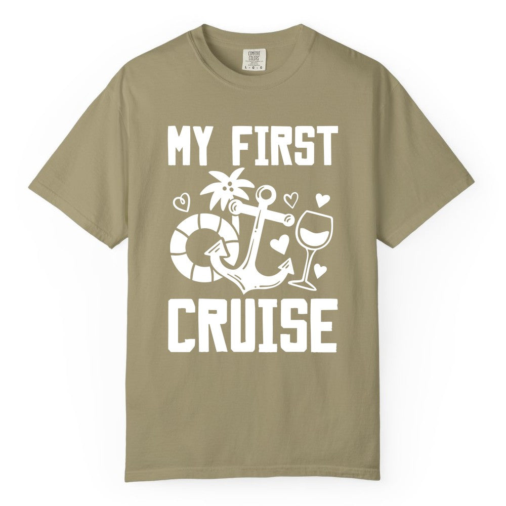 My First Cruise Shirt - Cruise Vacation Apparel for First Timers (Comfort Color) in Khaki - My First Cruise Shirt - Bold Nautical Icons Celebration Tee