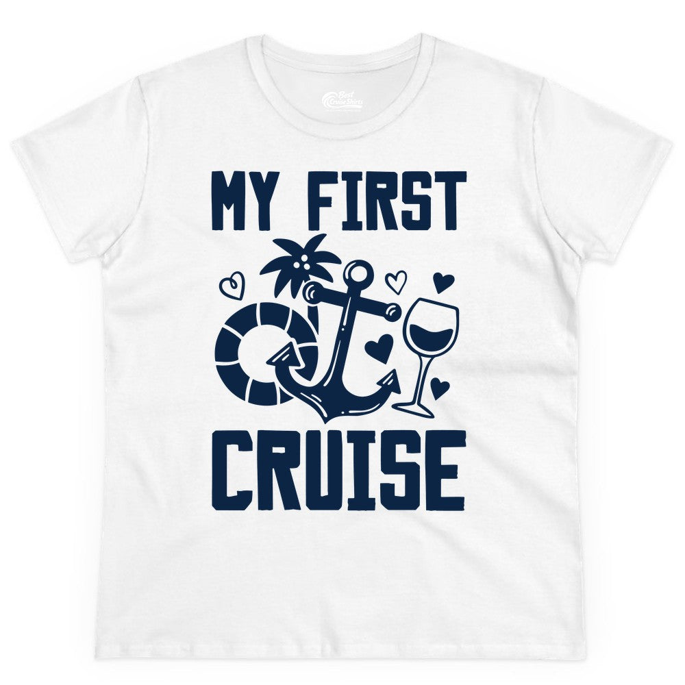 My First Cruise Shirt - Cruise Vacation Apparel for First Timers (Ladies Tee) in White - My First Cruise Shirt - Bold Nautical Icons Celebration Tee
