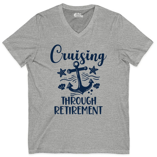 Cruise Retirement Shirt - Nautical Anchor Apparel for Parties & Gifts (V-Neck) in Athletic Heather - Cruising Through Retirement Nautical Anchor Shirt for Retirees