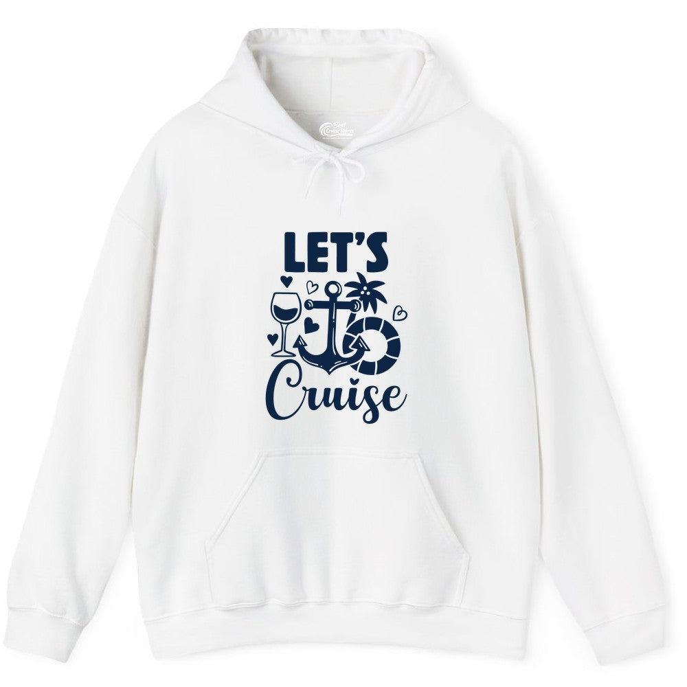 Let's Cruise Shirt - Fun Nautical Cruise Vacation Tee for Travelers (Hoodie) in White - Let's Cruise Shirt - Playful Nautical Anchor Palm and Lifesaver Design