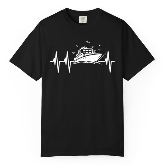 Cruise Heartbeat Shirt - Nautical Cruise Lover Gift Vacation Apparel (Comfort Color) in Black - Cruise Heartbeat Shirt - Nautical Cruise Ship Outline With Seagulls Design