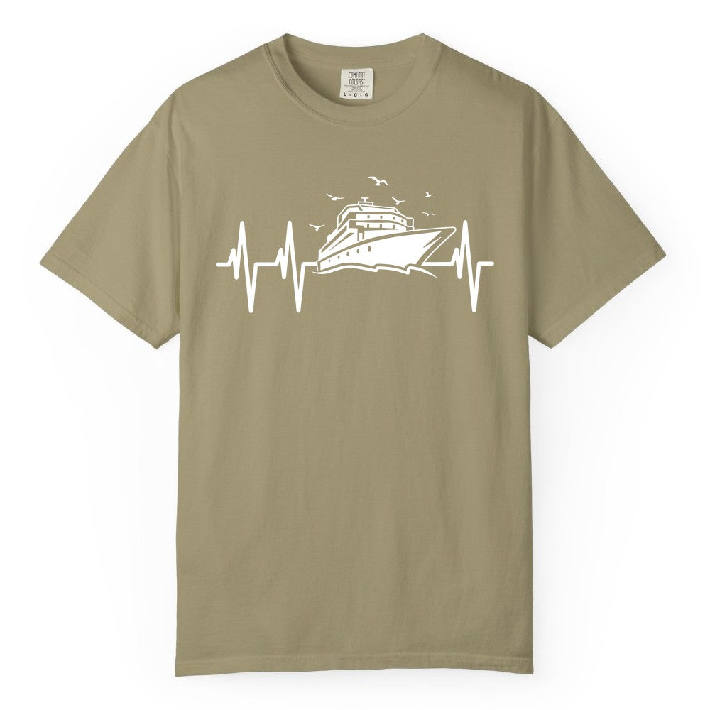 Cruise Heartbeat Shirt - Nautical Cruise Lover Gift Vacation Apparel (Comfort Color) in Khaki - Cruise Heartbeat Shirt - Nautical Cruise Ship Outline With Seagulls Design
