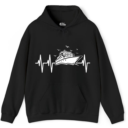 Cruise Heartbeat Shirt - Nautical Cruise Lover Gift Vacation Apparel (Hoodie) in Black - Cruise Heartbeat Shirt - Nautical Cruise Ship Outline With Seagulls Design