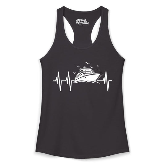 Cruise Heartbeat Shirt - Nautical Cruise Lover Gift Vacation Apparel (Ladies Tank) in Black - Cruise Heartbeat Shirt - Nautical Cruise Ship Outline With Seagulls Design