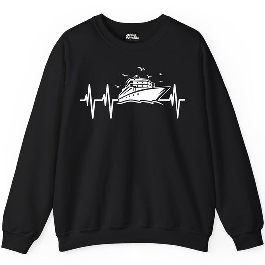 Cruise Heartbeat Shirt - Nautical Cruise Lover Gift Vacation Apparel (Sweatshirt) in Black - Cruise Heartbeat Shirt - Nautical Cruise Ship Outline With Seagulls Design
