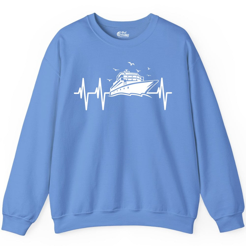 Cruise Heartbeat Shirt - Nautical Cruise Lover Gift Vacation Apparel (Sweatshirt) in Carolina Blue - Cruise Heartbeat Shirt - Nautical Cruise Ship Outline With Seagulls Design