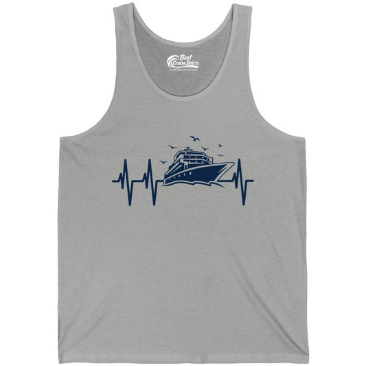 Cruise Heartbeat Shirt - Nautical Cruise Lover Gift Vacation Apparel (Tank Top) in Athletic Heather - Cruise Heartbeat Shirt - Nautical Cruise Ship Outline With Seagulls Design