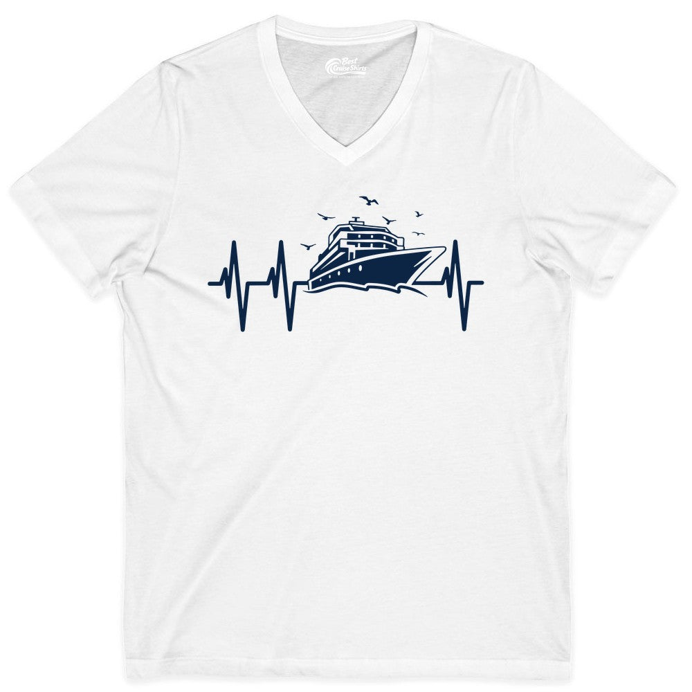 Cruise Heartbeat Shirt - Nautical Cruise Lover Gift Vacation Apparel (V-Neck) in White - Cruise Heartbeat Shirt - Nautical Cruise Ship Outline With Seagulls Design