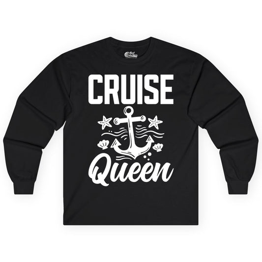 Cruise Queen Shirt - Nautical Anchor & Starfish Fun Cruise Shirt (Long Sleeve) in Black - Cruise Queen Shirt - Nautical Anchor and Starfish Graphic Tee