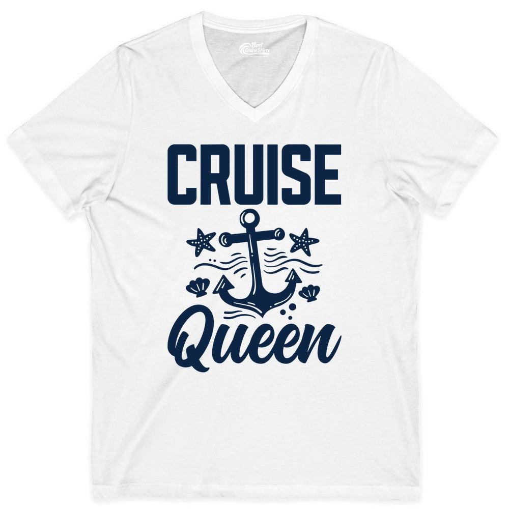 Cruise Queen Shirt - Nautical Anchor & Starfish Fun Cruise Shirt (V-Neck) in White - Cruise Queen Shirt - Nautical Anchor and Starfish Graphic Tee