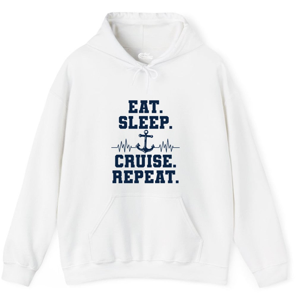 Eat Sleep Cruise Repeat Shirt - Nautical Cruise Shirt for Travelers (Hoodie) in White - Eat Sleep Cruise Repeat Shirt - Anchor Heartbeat Nautical Design
