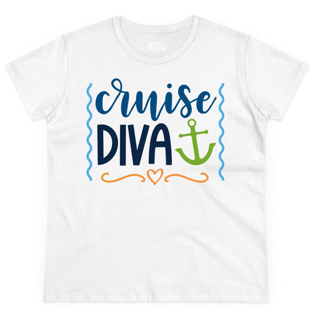 Cruise Diva Shirt - Nautical Vacation Apparel for Women Cruisers (Ladies Tee) in White - Cruise Diva Nautical Anchor Shirt - Playful Fun Girls Trip Top