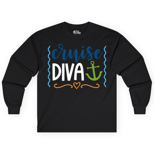 Cruise Diva Shirt - Nautical Vacation Apparel for Women Cruisers (Long Sleeve) in Black - Cruise Diva Nautical Anchor Shirt - Playful Fun Girls Trip Top