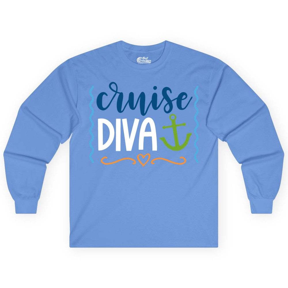 Cruise Diva Shirt - Nautical Vacation Apparel for Women Cruisers (Long Sleeve) in Carolina Blue - Cruise Diva Nautical Anchor Shirt - Playful Fun Girls Trip Top
