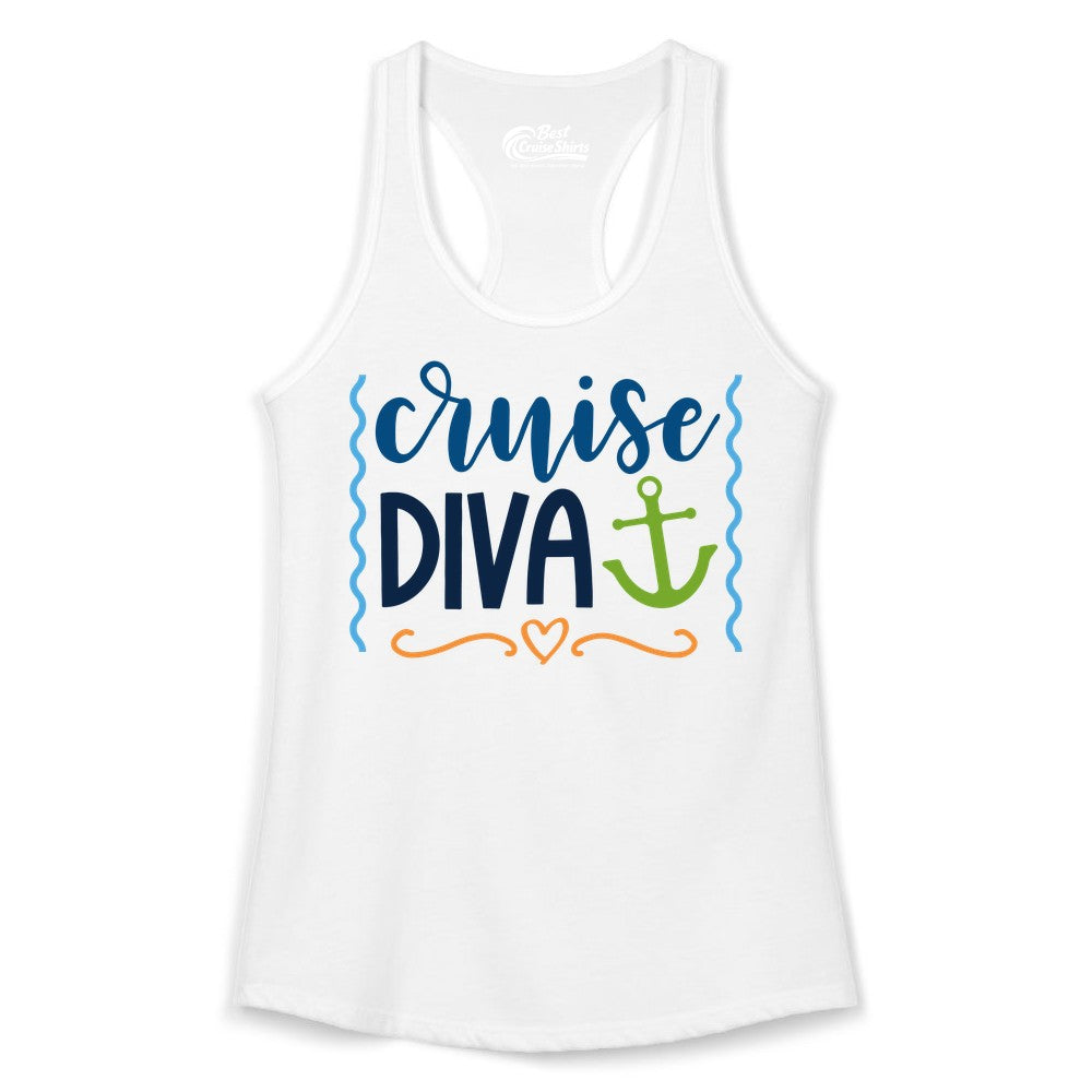 Cruise Diva Shirt - Nautical Vacation Apparel for Women Cruisers (Ladies Tank) in White - Cruise Diva Nautical Anchor Shirt - Playful Fun Girls Trip Top
