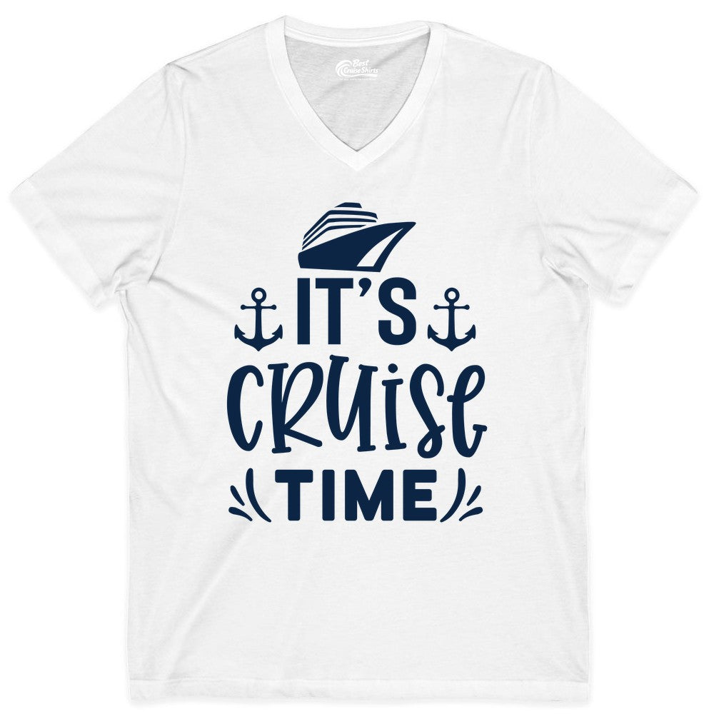 Its Cruise Time Shirt - Cruise Apparel Nautical Shirt Gift (V-Neck) in White - It’s Cruise Time Nautical Shirt With Anchors and Cruise Ship Graphic