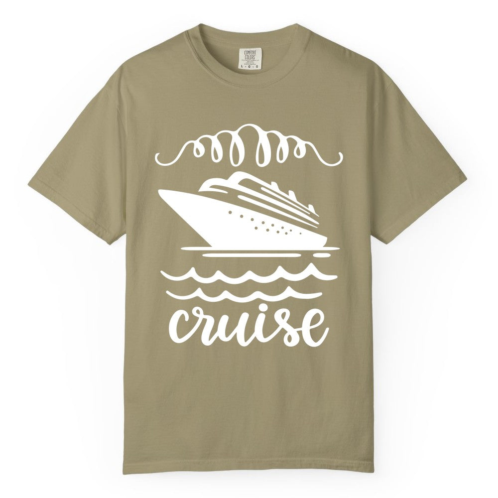 Cruise Shirt - Nautical Ocean Waves Cruise Vacation Shirt for Travelers (Comfort Color) in Khaki - Cruise Ship and Ocean Waves Bold Nautical Graphic Cruise Shirt