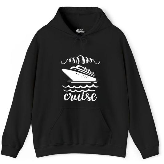 Cruise Shirt - Nautical Ocean Waves Cruise Vacation Shirt for Travelers (Hoodie) in Black - Cruise Ship and Ocean Waves Bold Nautical Graphic Cruise Shirt