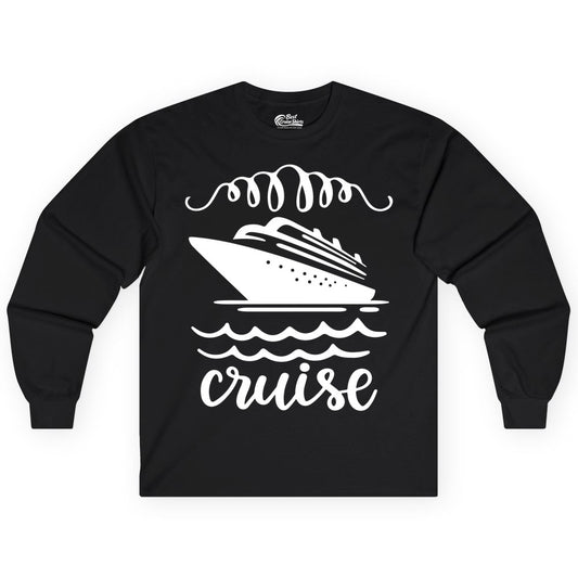 Cruise Shirt - Nautical Ocean Waves Cruise Vacation Shirt for Travelers (Long Sleeve) in Black - Cruise Ship and Ocean Waves Bold Nautical Graphic Cruise Shirt