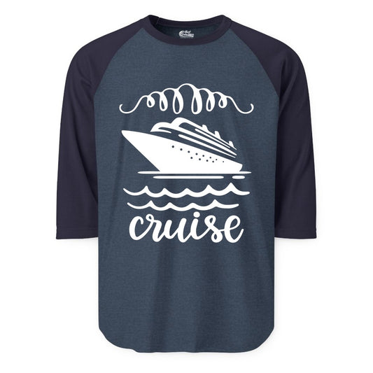 Cruise Shirt - Nautical Ocean Waves Cruise Vacation Shirt for Travelers (Raglan) in Heather DenimNavy - Cruise Ship and Ocean Waves Bold Nautical Graphic Cruise Shirt
