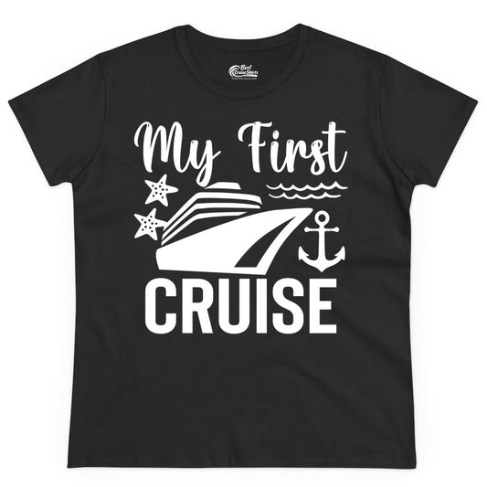 My First Cruise Shirt - Nautical Tee for First Time Cruisers (Ladies Tee) in Black - My First Cruise Shirt - Nautical Ship Anchor Starfish Waves Design