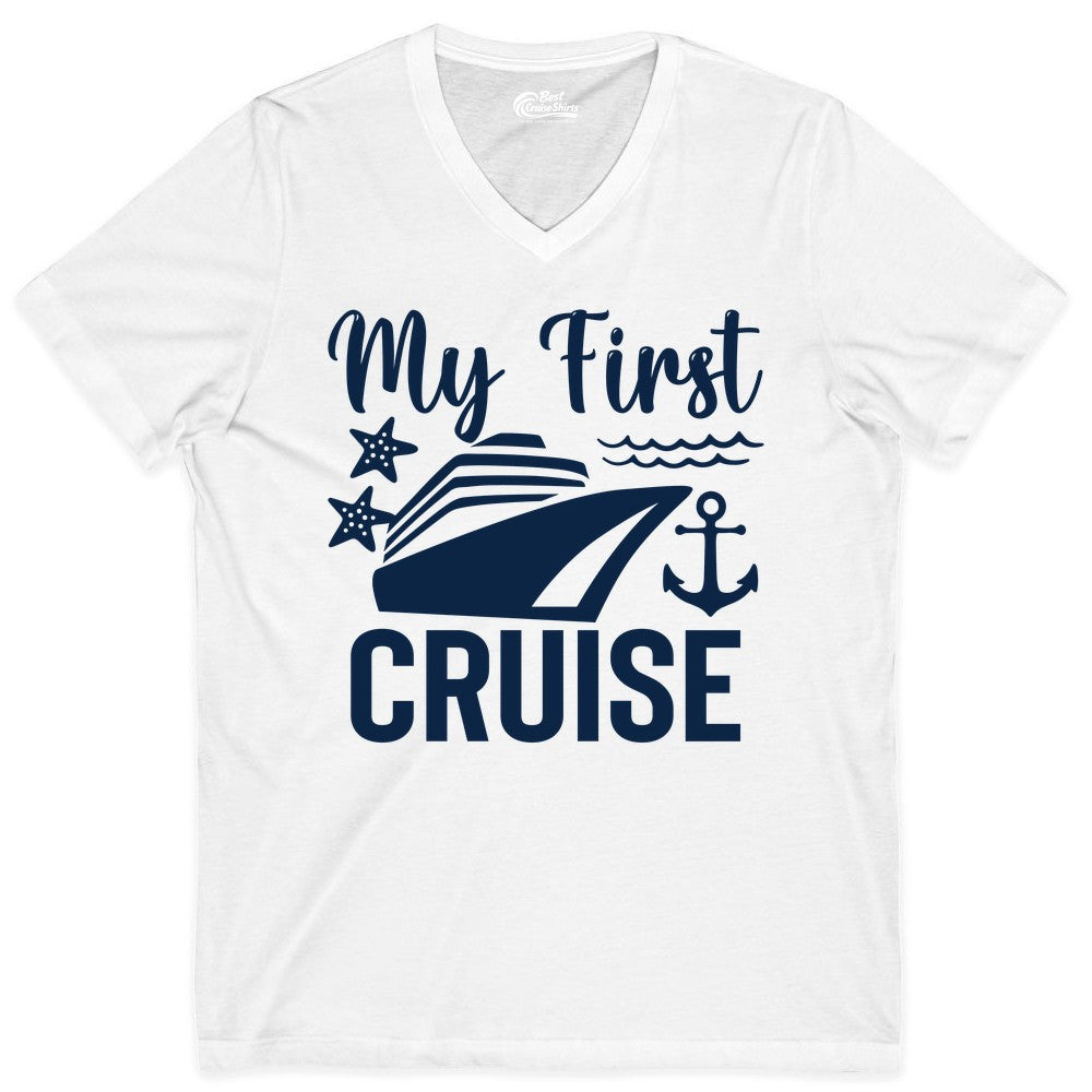 My First Cruise Shirt - Nautical Tee for First Time Cruisers (V-Neck) in White - My First Cruise Shirt - Nautical Ship Anchor Starfish Waves Design