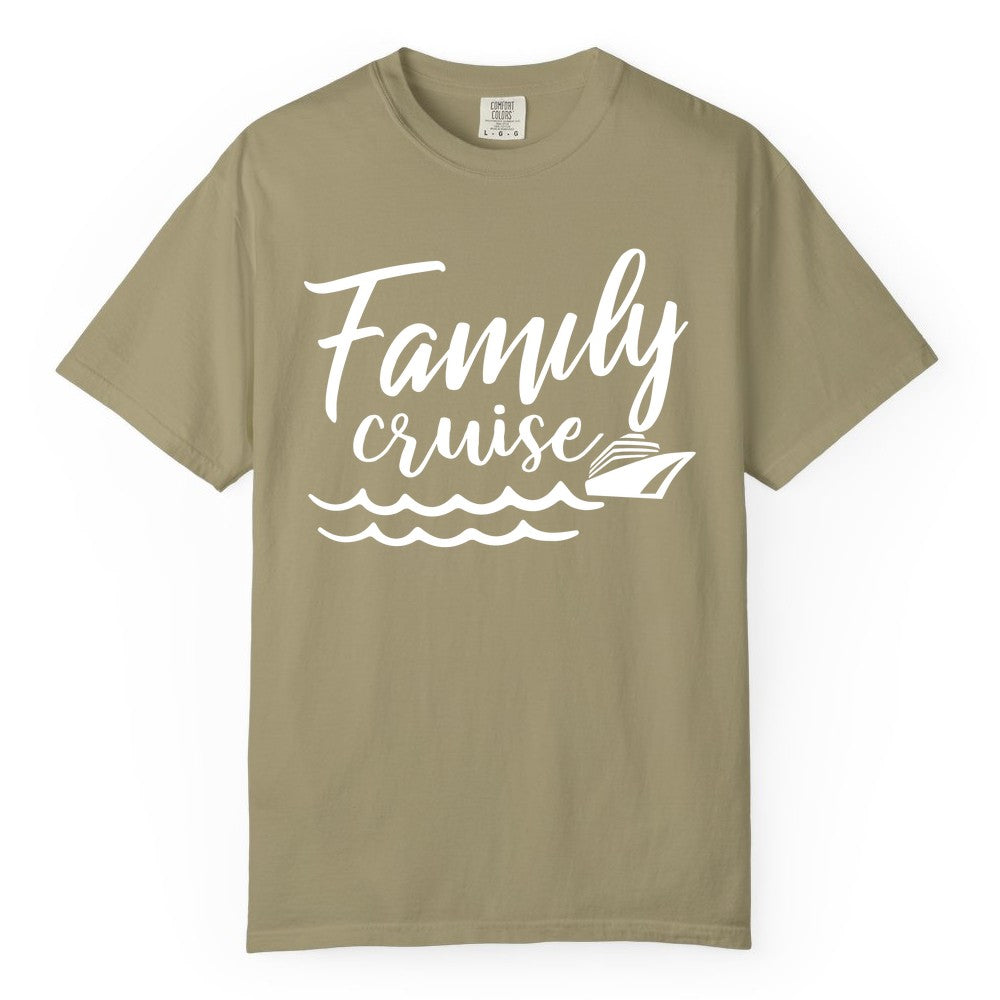 Family Cruise Shirt - Nautical Cruise Vacation Shirt for Families (Comfort Color) in Khaki - Family Cruise Shirt - Nautical Script Font With Waves And Ship Graphic