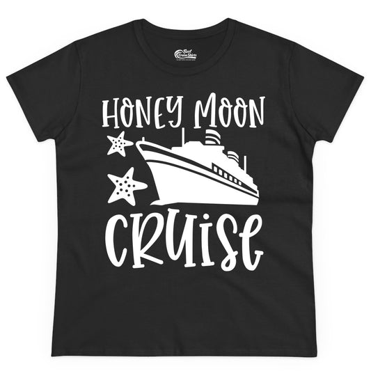 Honeymoon Cruise Shirt - Just Married Vacation Apparel for Couples (Ladies Tee) in Black - Honeymoon Cruise Shirt - Nautical Ship and Starfish Newlywed Design