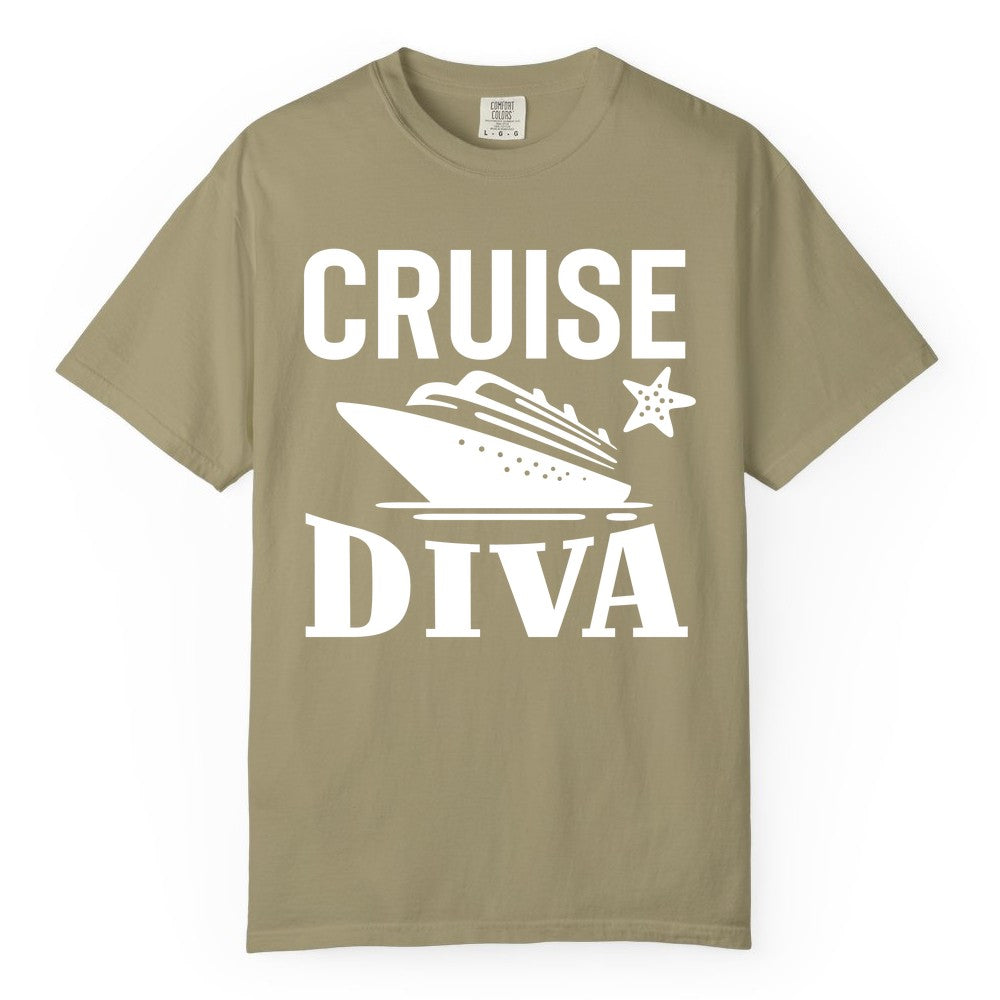 Cruise Diva Shirt - Bold Nautical Vacation Apparel for Women (Comfort Color) in Khaki - Cruise Diva Shirt - Bold Nautical Block Letters with Cruise Ship Graphic