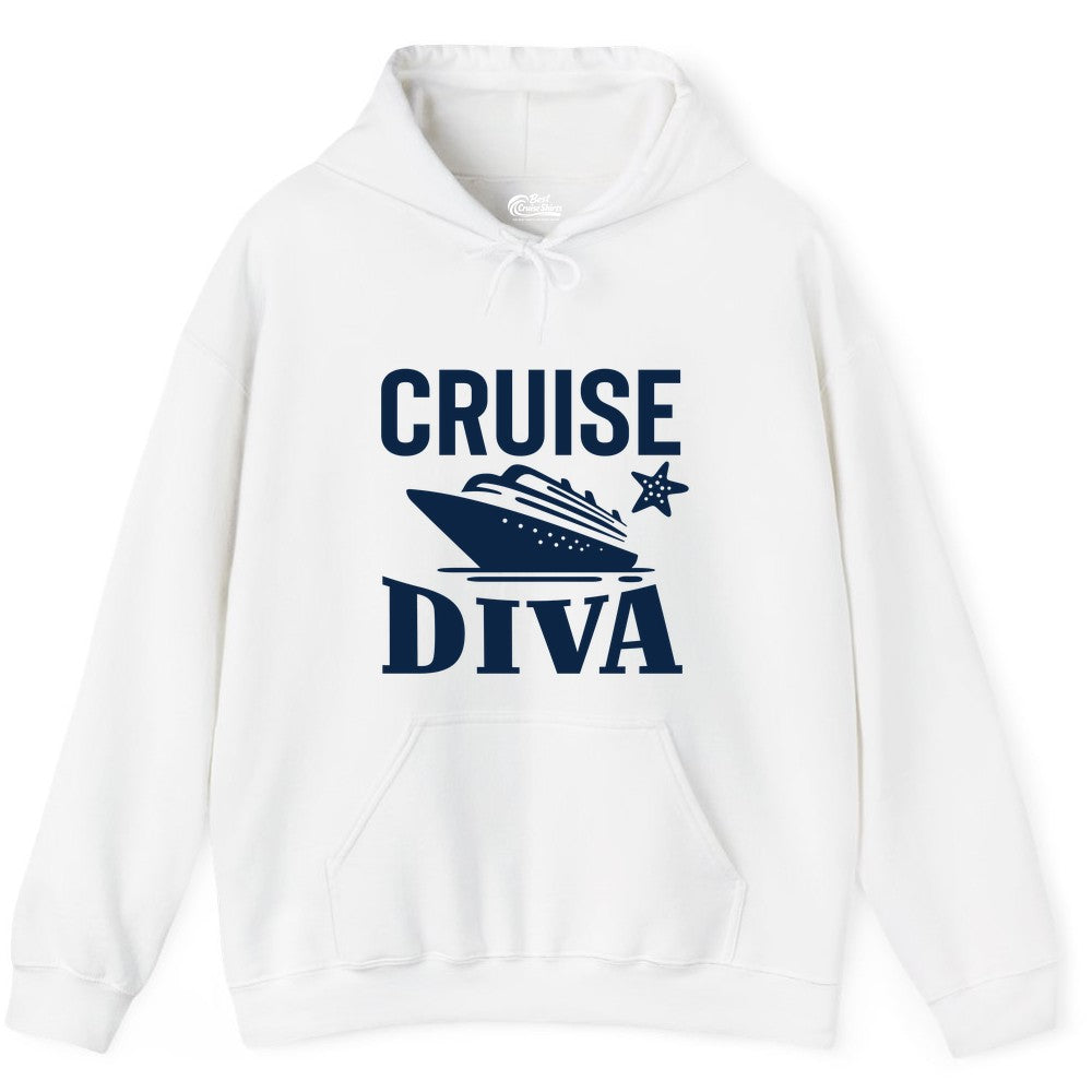 Cruise Diva Shirt - Bold Nautical Vacation Apparel for Women (Hoodie) in White - Cruise Diva Shirt - Bold Nautical Block Letters with Cruise Ship Graphic
