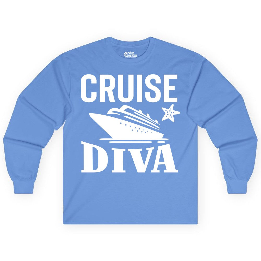 Cruise Diva Shirt - Bold Nautical Vacation Apparel for Women (Long Sleeve) in Carolina Blue - Cruise Diva Shirt - Bold Nautical Block Letters with Cruise Ship Graphic