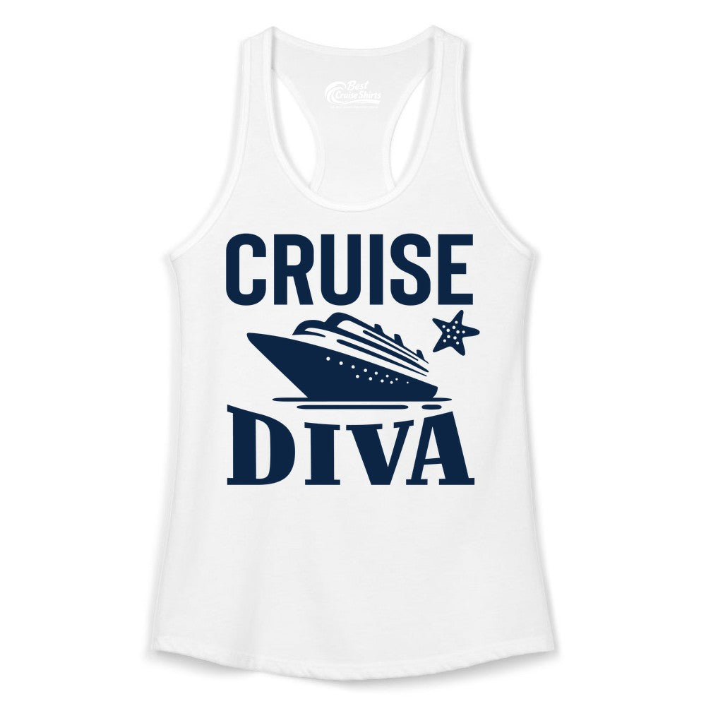 Cruise Diva Shirt - Bold Nautical Vacation Apparel for Women (Ladies Tank) in White - Cruise Diva Shirt - Bold Nautical Block Letters with Cruise Ship Graphic