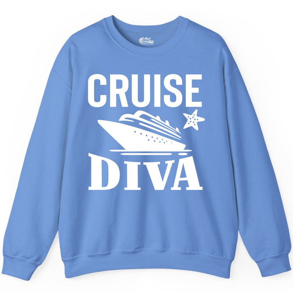 Cruise Diva Shirt - Bold Nautical Vacation Apparel for Women (Sweatshirt) in Carolina Blue - Cruise Diva Shirt - Bold Nautical Block Letters with Cruise Ship Graphic